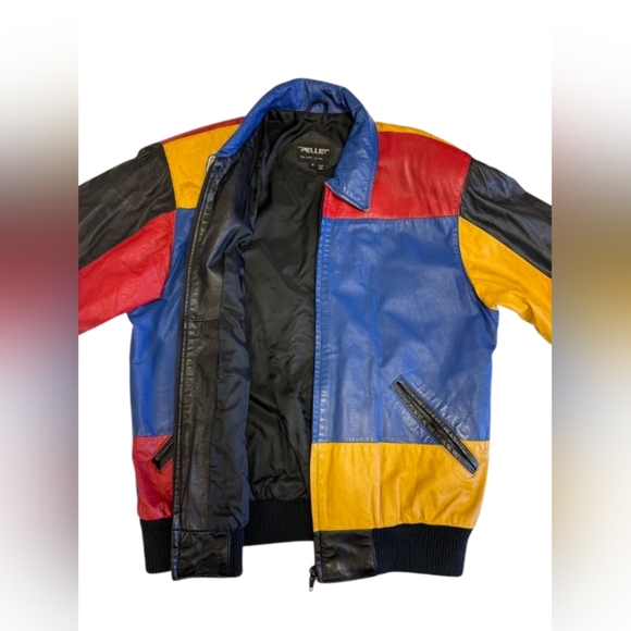 Pelle 100% Leather Bowling Jacket Colour Block Red/Yellow/Blue Size Small EUC - Picture 2 of 8